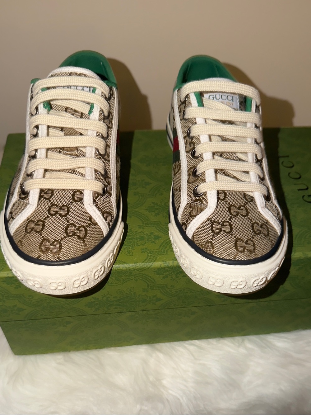 Gucci Beige GG Canvas Sneakers with Green Heel Accent